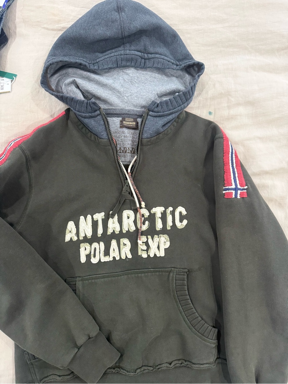 Napapijri olive green and gray hooded zip jacket with red trim